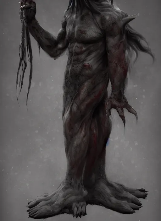 Prompt: terrific jinn demon with hoof on his feet with long cloth, horror, dark atmosphere, harsh lighting, cinematic lighting, scary, award wining art, artstation, high details, concept art, 4 k