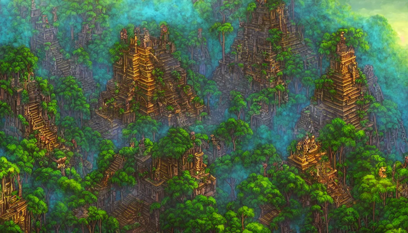 Prompt: way up the tower to the majestic ancient mayan temple jungle forest realm in the clouds , side-scrolling 2d platformer game level, swirling clouds, fantasy jungle vegetation, totem ruins with intricate mayan glyphs, dramatic dusk sun illuminates areas, volumetric light , detailed carved ornaments, rich color, upscale , 8k