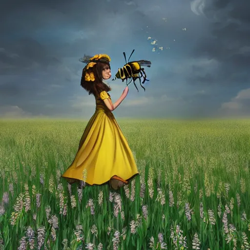 Prompt: a girl in a yellow dress riding a giant bee in the field, trending on artstation