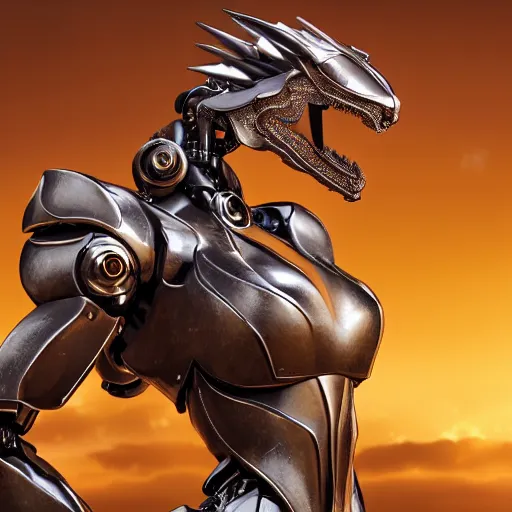 Image similar to a highly detailed close-up bust, of an awe-inspiring beautiful majestic anthropomorphic robotic mecha female dragon, with smooth and streamlined armor, standing and posing elegantly in front of the camera, well detailed head with LED eyes, sharp sleek design, two arms, digital art, artstation, DeviantArt, professional, octane render, sunset lighting