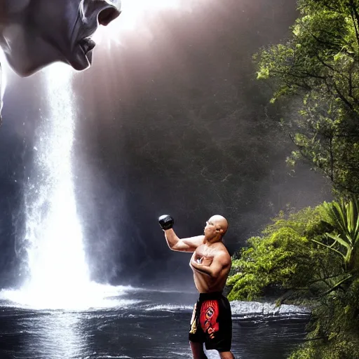 Image similar to Vin Diesel punching an alien wearing a Sombrero in the face, in front of a waterfall