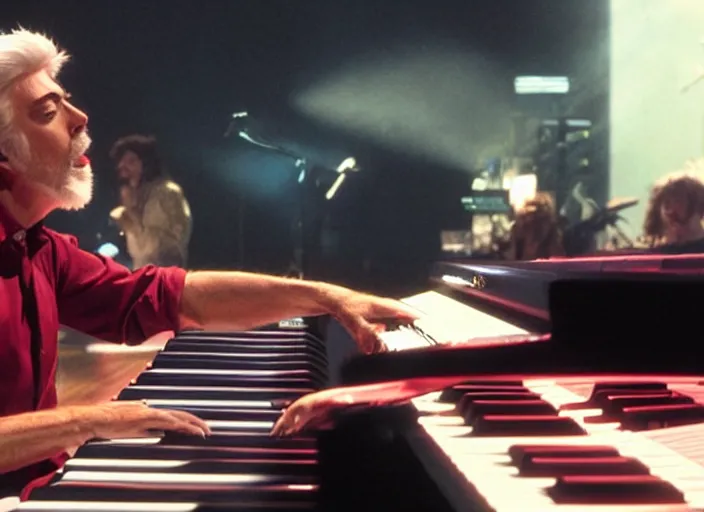 Image similar to michael mcdonald playing keyboard, movie still, from the new gremlins movie, 8 k, realistic