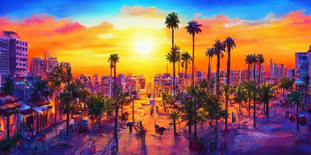 Prompt: sunset over the streets of tel aviv. colorful. highly detailed. palm trees. dogs. 8 k. artstation trending. concept art. digital painting. fluffy