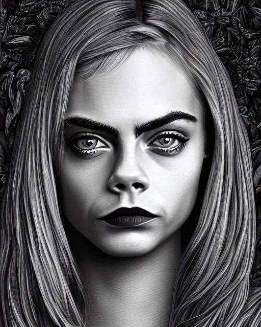 Prompt: highly detailed portrait of cara delevingne by Casey Weldon, 4k resolution, red, black and white color scheme