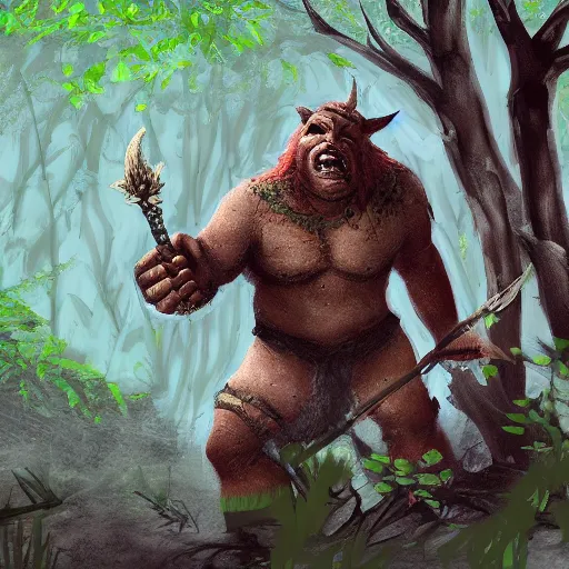 Prompt: An orc in a forest throwing a boar, digital art