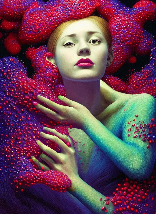 Image similar to hyper detailed 3d render like a Oil painting - Aurora (Singer) Eats of the Strangling aerochrome Fruit and Her delicate Hands hold of gossamer polyp blossoms bring iridescent fungal flowers whose spores black the foolish stars by Jacek Yerka, Mariusz Lewandowski, Houdini algorithmic generative render, Abstract brush strokes, Masterpiece, Edward Hopper and James Gilleard, Zdzislaw Beksinski, Mark Ryden, Wolfgang Lettl, hints of Yayoi Kasuma, octane render, 8k