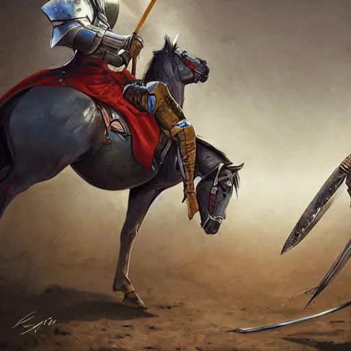 Image similar to two mounted knights tilting against each other in a jousting tournament, art by artgerm and greg rutkowski and magali villeneuve, d & d, fantasy, highly detailed, digital painting, trending on artstation, concept art, illustration