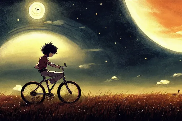 Prompt: a boy riding his bike alone through a field night sky moon, high intricate details, rule of thirds, golden ratio, cinematic light, anime style, graphic novel by fiona staples and dustin nguyen, by beaststars and orange, peter elson, alan bean, studio ghibli, makoto shinkai