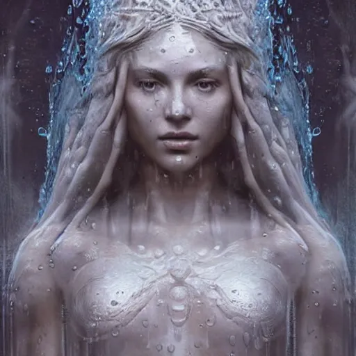 Image similar to photo realistic image of a goddess of rain, made of water, wet, stunning 3 d render inspired art by istvan sandorfi and greg rutkowski, perfect facial symmetry, realistic, highly detailed attributes and atmosphere, dim volumetric cinematic lighting,
