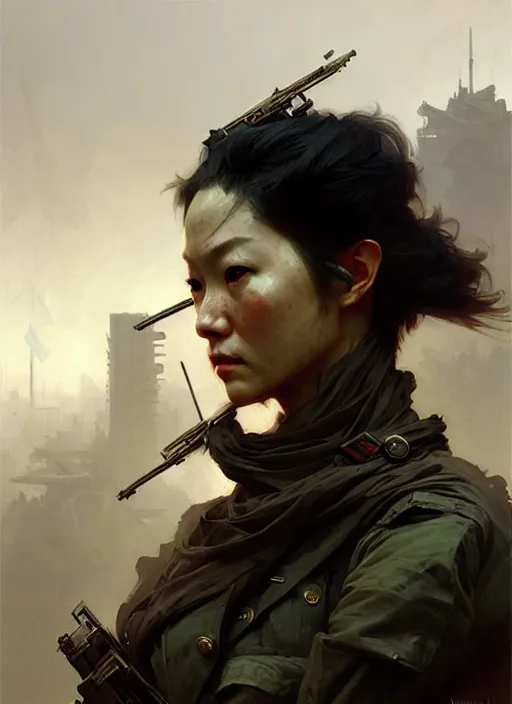 Image similar to character concept portrait of the last days of war between USA and CHINA, post apocalyptic, intricate, elegant, digital painting, concept art, smooth, sharp focus, illustration, from Metal Gear, by Ruan Jia and Mandy Jurgens and William-Adolphe Bouguereau, Artgerm