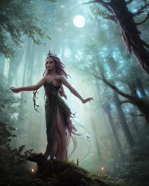 Image similar to attractive fairy goddness fly high in the night, d & d, fantasy, mist, full moon in background, trees, hyper detailed, art by artgerm and greg rutkowski and magali villeneuve, midium shot, 8 k realistic, cryengine, digital painting, trending on artstation, concept art, sharp focus, illustration,