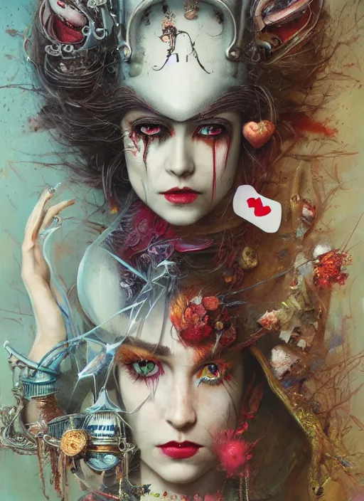 Prompt: Mad Hatter and Queen of Hearts,highly detailed,cinematic,8k,by Stanley Artgermm,Tom Bagshaw,Greg Rutkowski,Carne Griffiths, Ayami Kojima, Beksinski, Giger,Anne Stokes, Benjamin Lacombe,trending on DeviantArt,hyper detailed,horror, full of colour