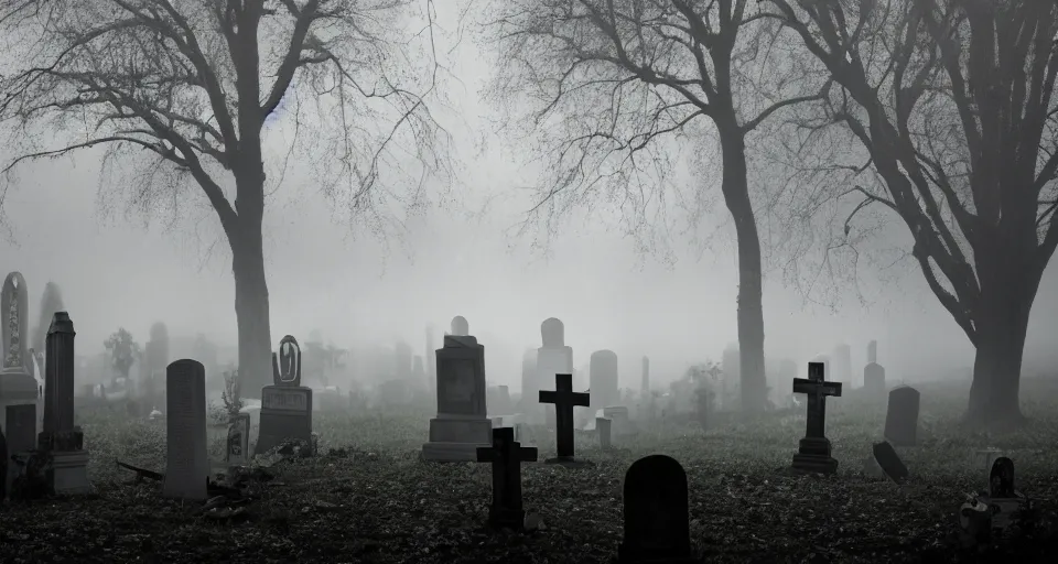 Image similar to Cinematic still of creepy cemetery by the river thames at night, thick mist fills the ground, directed by Wes Craven