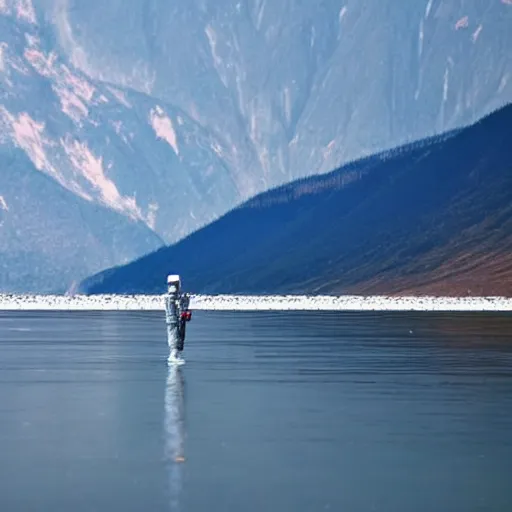 Image similar to an astronaut standing in the water of Lake Baikal and looking at the mountains