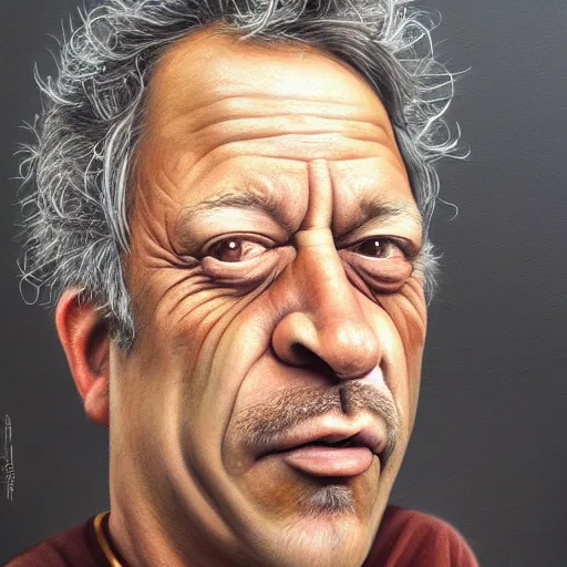 Image similar to Caricature portraits done of Gene Ween, realistic, hyperrealistic, very realistic, highly detailed, very detailed, extremely detailed, detailed, oil painting, digital art, trending on artstation