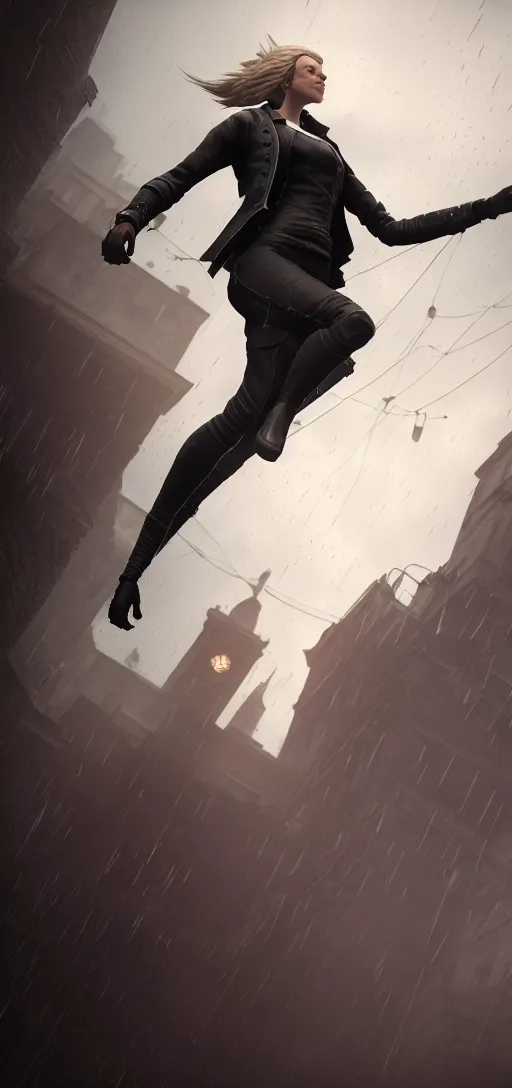 Image similar to remote detailed shot of beautiful annie leonhart in dunwall city, mid air shot, redshift render, beautiful face, detailed face, cinematic lighting, rainy weather, melancholy atmosphere, volumetric light, octane render, dishonored 1, gothic architecture, realistic reflections, octane render 8 k