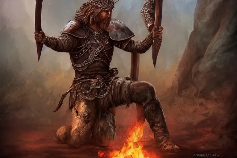 Image similar to aesthetic digital illustration of a kneeling viking warrior, by anne stokes | dirty and bloody, concept art, character concept, matte background. unreal engine, finalrender, centered, deviantart, artgerm