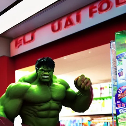 Image similar to the incredible hulk working as a 7/11 cashier and wearing a uniform, macro, wide shot, dramatic lighting, octane render, hyperrealistic, HD