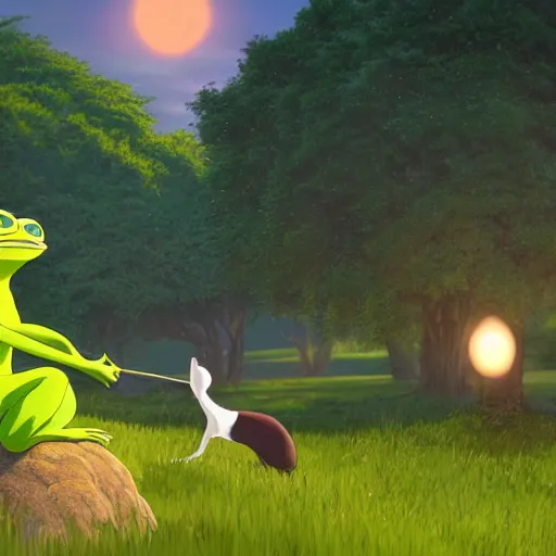 Image similar to a wholesome animation key shot of pepe the frog and a cat playing on a hill, medium shot, studio ghibli, pixar and disney animation, sharp, rendered in unreal engine 5, anime key art by greg rutkowski, bloom, dramatic lighting