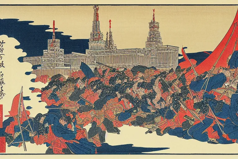 Image similar to moscow state university main building, being attacked by samurais, by katsushika hokusai