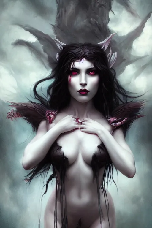 Prompt: a hauntingly beautiful dark succubus, painted by artgerm and tom bagshaw, fantasy art, dramatic lighting, highly detailed digital art