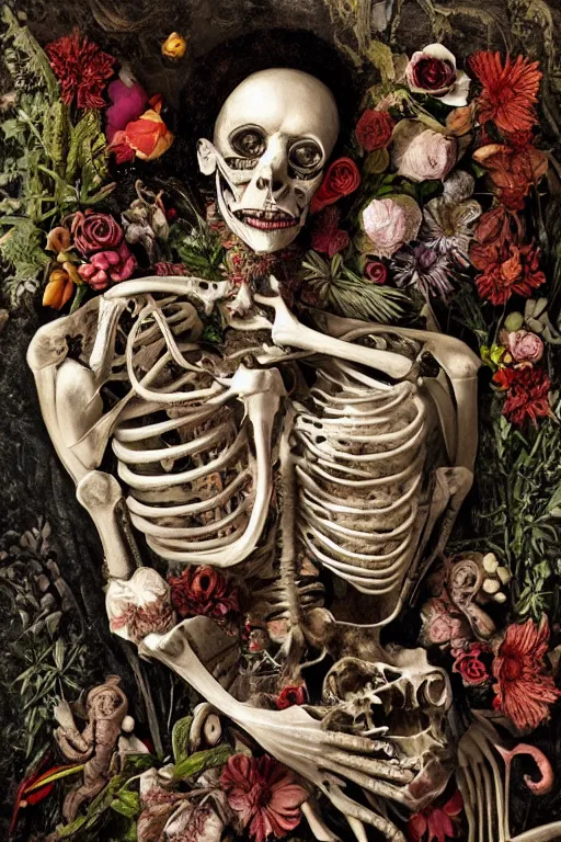 Image similar to anatomical man with large eyes and lips laying in bed of bones of flowers, with an existential dread of love, HD Mixed media, highly detailed and intricate, surreal illustration in the style of Caravaggio, baroque dark art