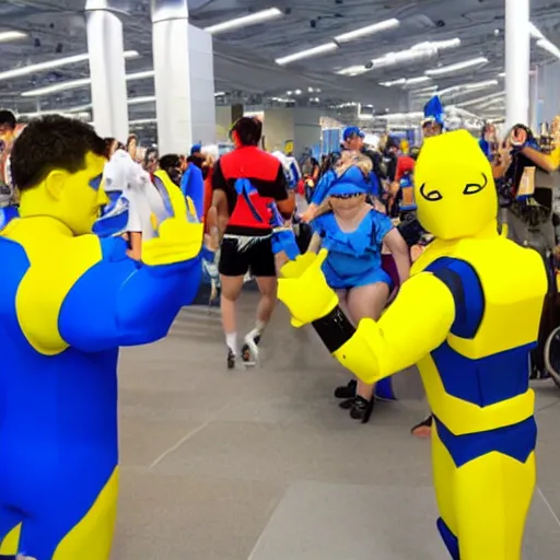 Prompt: roblox grab packs cosplayer with blue and yellow hands from comic-con 4k