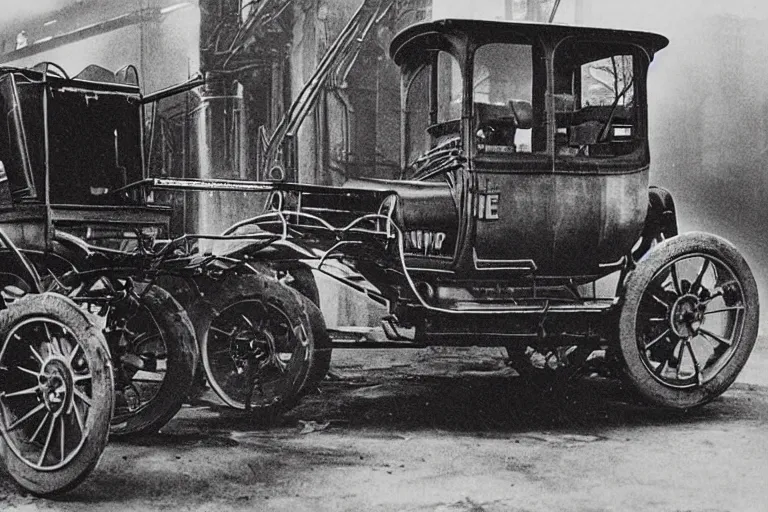 Image similar to cyberpunk 1 9 0 8 model ford t by paul lehr, metropolis, city, vintage film photo, scratched photo, scanned in, old photobook, silent movie, black and white photo