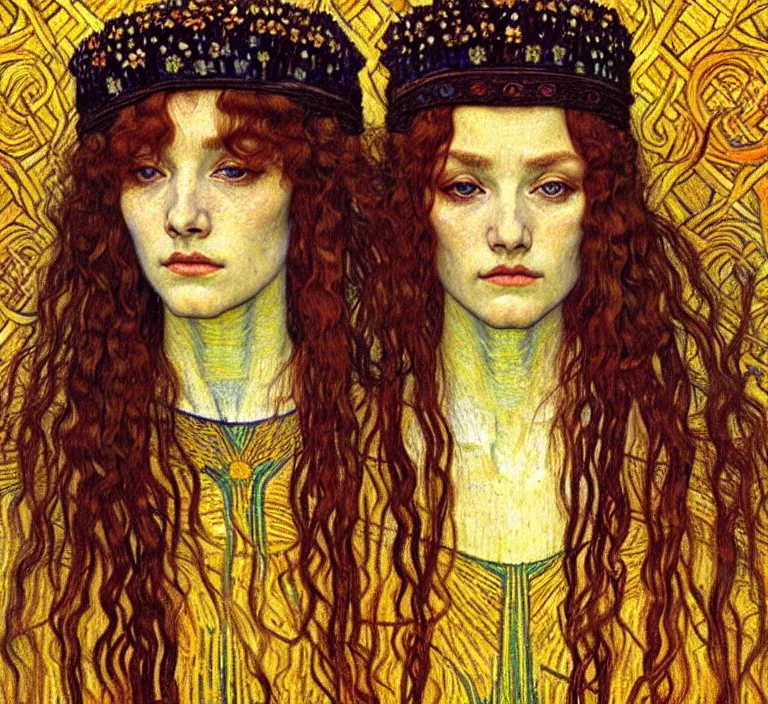 Image similar to detailed realistic beautiful young medieval queen face portrait by jean delville, gustav klimt and vincent van gogh, art nouveau, symbolist, visionary, gothic, pre - raphaelite, muted earthy colors, desaturated