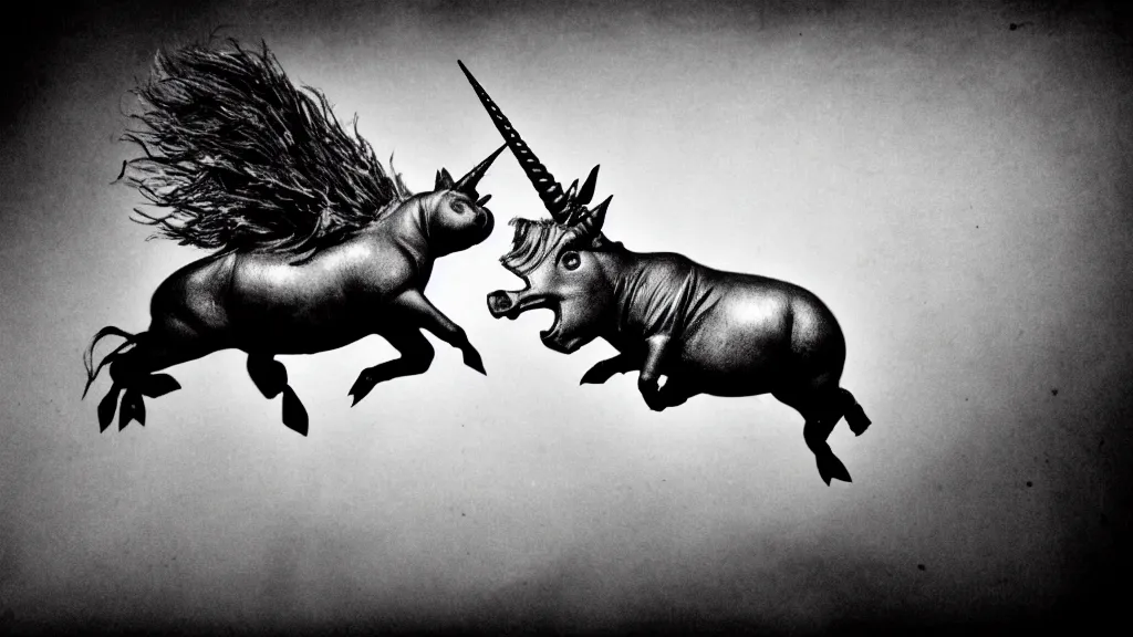 Image similar to flying pig with unicorn horn, derek hess style, black and white, 35mm, 8k