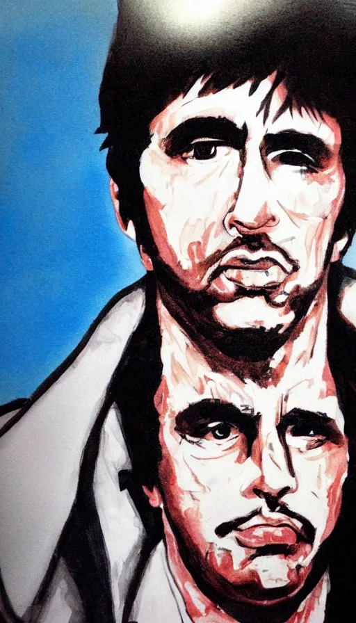 Image similar to close upt. cogerent eyes. detailed face. tony montana from movie scarface. color ink paint