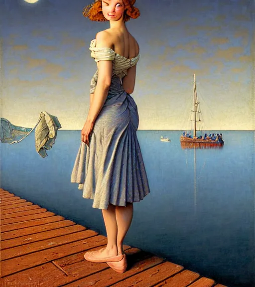 Image similar to a fancy beautiful young lady standing on a wharf at the edge of the sea by rob gonsalves and brom and gil elvgren and jean delville and william blake and norman rockwell and dan mumford, crisp details, hyperrealism, high detail, high contrast, low light, grey mist, cobblestones, dim lantern