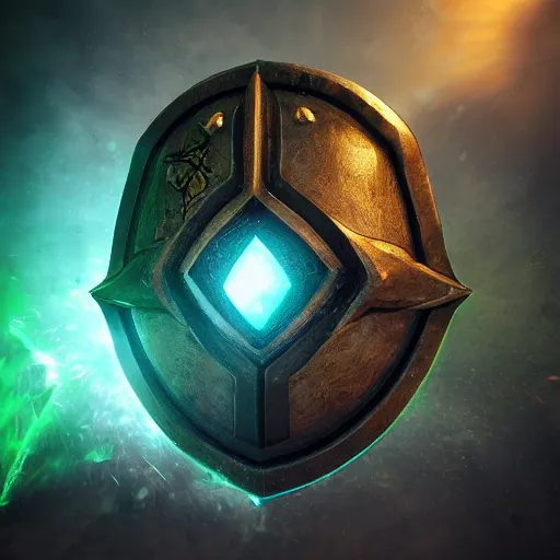 Prompt: green medieval shield, powerful fantasy epic legends, game icon stylized, digital illustration radiating, a glowing aura, global illumination, ray tracing, 8 k high definition, intricate details, octane render, unreal engine, trending on arstation
