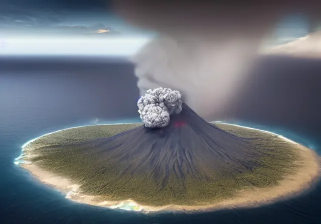 Prompt: aerial drone view of Anak Krakatau volcano by Bernard Edmaier,turbulent smoke in the shape of barong, storm weather at night ,volumetric lightning,islands,structural geology, high quality,digital concept art,realistic,photorealistic,8k