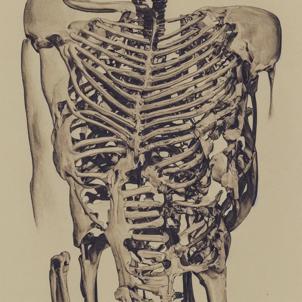 Image similar to vintage risograph of realistic skeleton