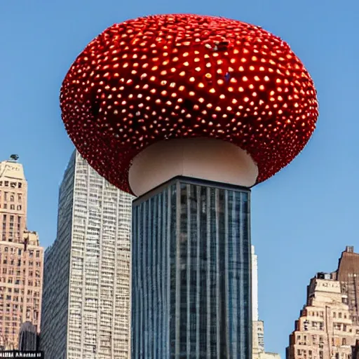 Image similar to a building shaped like an amanita muscaria in the New York skyline