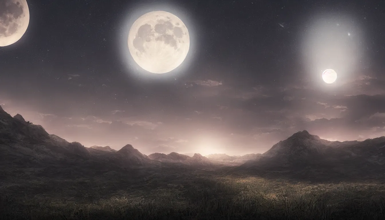 Image similar to a beautiful landscape at dusk, big moon and stars in the sky, matte painting, concept art, 4k