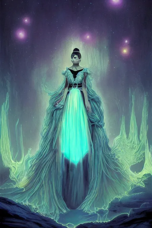 Prompt: queen ariana grande, art by frank kelly & michael bohme, trending on artstation, bioluminescence closeup view illustrator, american romanticism, very very elegant, 4 k hd