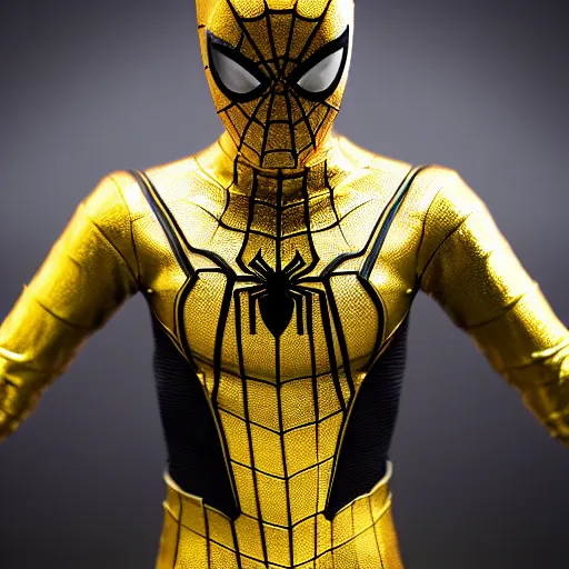 Image similar to gold spider - man suit with black web lining, cinematic, volumetric lighting, realistic, hyperdetailed, photorealistic, photograph