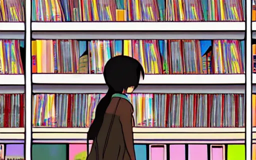 Prompt: a girl shopping in a record store, art by hayao miyazaki