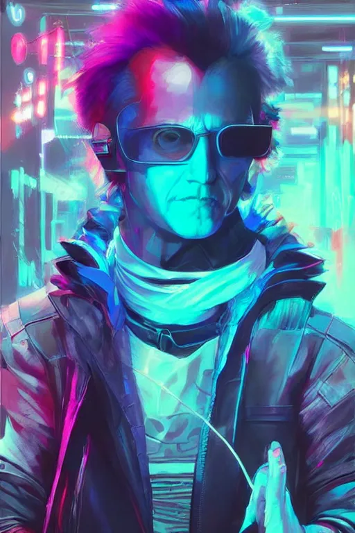 Image similar to a cyberpunk christopher walken with blue hair, neon colors, concept art by artgerm and greg rutkowski and caravaggio and moebius