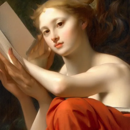 Image similar to a girl reading a book, hair flowing down, style of Jeff Easley Antonio Canova Ken Kelly Élisabeth Vigée Le Brun, 8K resolution