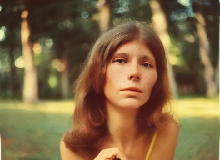 Prompt: close-up color film photography 1970s, long shot, bold woman, soft focus, golden hour, soft light, 35mm, film photo, Joel Meyerowitz