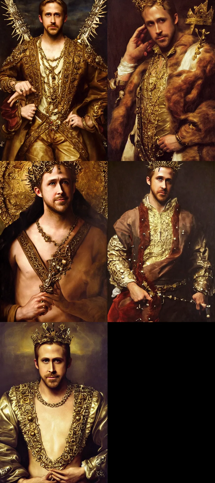 Prompt: Gorgeous full-body renaissance portrait of Ryan Gosling as a king of fantasy kingdom with Crown of thorns on his head, front view, gold, artstation, very beautiful, luxurious, impressive, soft light, by Anthony van Dyck and Daniel Gerhartz