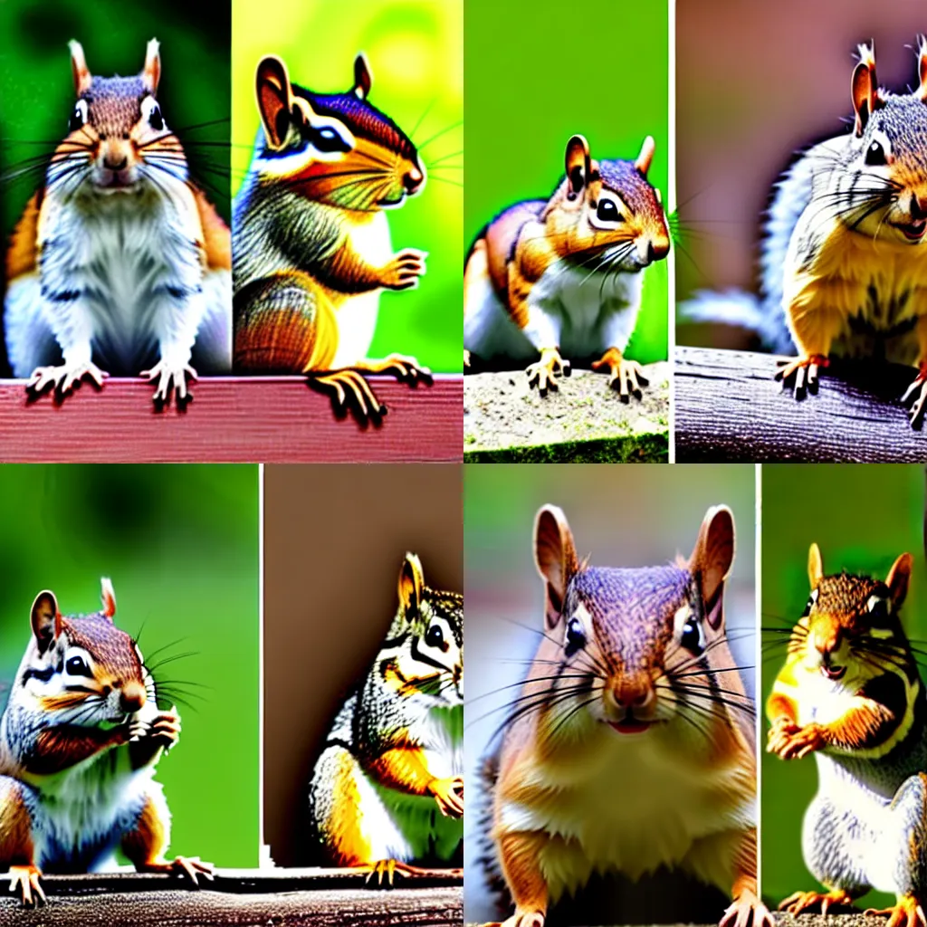 Prompt: side-by-side comparison of a chipmunk and a squirrel