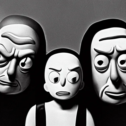 Image similar to A close-up, black & white studio photographic portrait of rick and morty, dramatic backlighting, 1973 photo from Life Magazine