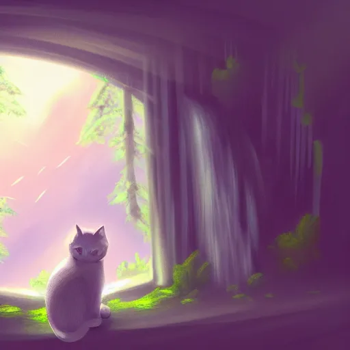 Image similar to a beautiful landscape including a waterfall and a forest through a window, cat sitting on the edge of the window, illustration, digital art, trending on artstation, no signature