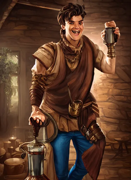 Image similar to An epic fantasy comic book style portrait painting of a handsome young man with brown wavey hair, wearing thief clothing in a tavern and smiling with a wooden tankard in hand, unreal 5, DAZ, hyperrealistic, octane render, cosplay, RPG portrait, dynamic lighting