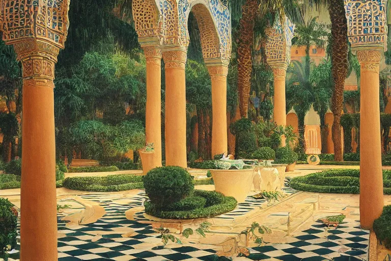 Prompt: painting of a beautiful moorish palace courtyard garden, by arkady rylov and rudolf ernst and maxfield parrish, patterned tilework, palm trees, tiled fountains, extremely detailed, cinematic lighting, smooth sharp focus