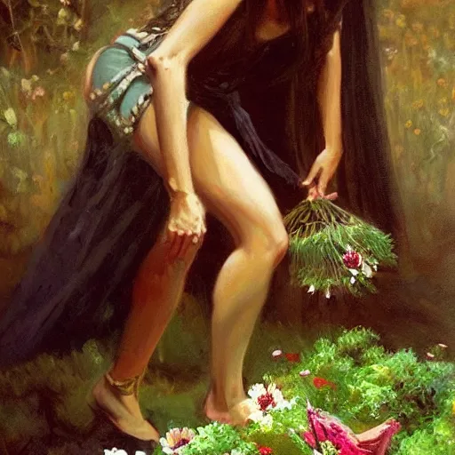 Image similar to a beautiful oil painting of Circe the witch picking up flowers, detailled, HD, realistic